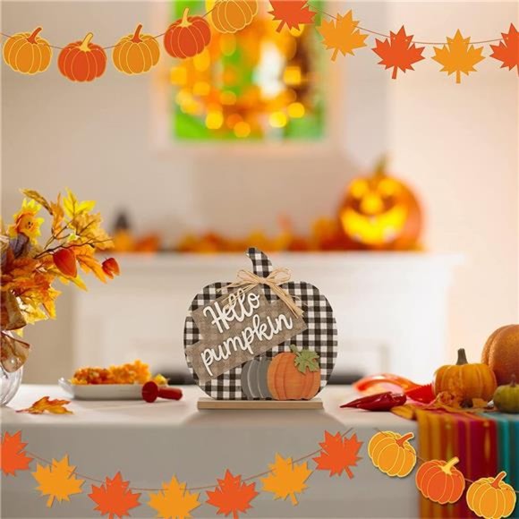 Fall Hello Pumpkin Sign Decorations, 12"/30CM Wooden Buffalo Plaid - Picture 2 of 6
